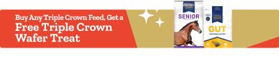 Promotional banner with a red and gold background. Text on the left reads: Buy Any Triple Crown Feed, Get a Free Triple Crown Wafer Treat. Decorative star accents appear near the text. On the right side are images of Triple Crown products, including a bag labeled Triple Crown Senior horse feed featuring a horse illustration and a package labeled Triple Crown Gut Functional Wafers. The layout emphasizes the free wafer treat offer with the purchase of Triple Crown feed.
