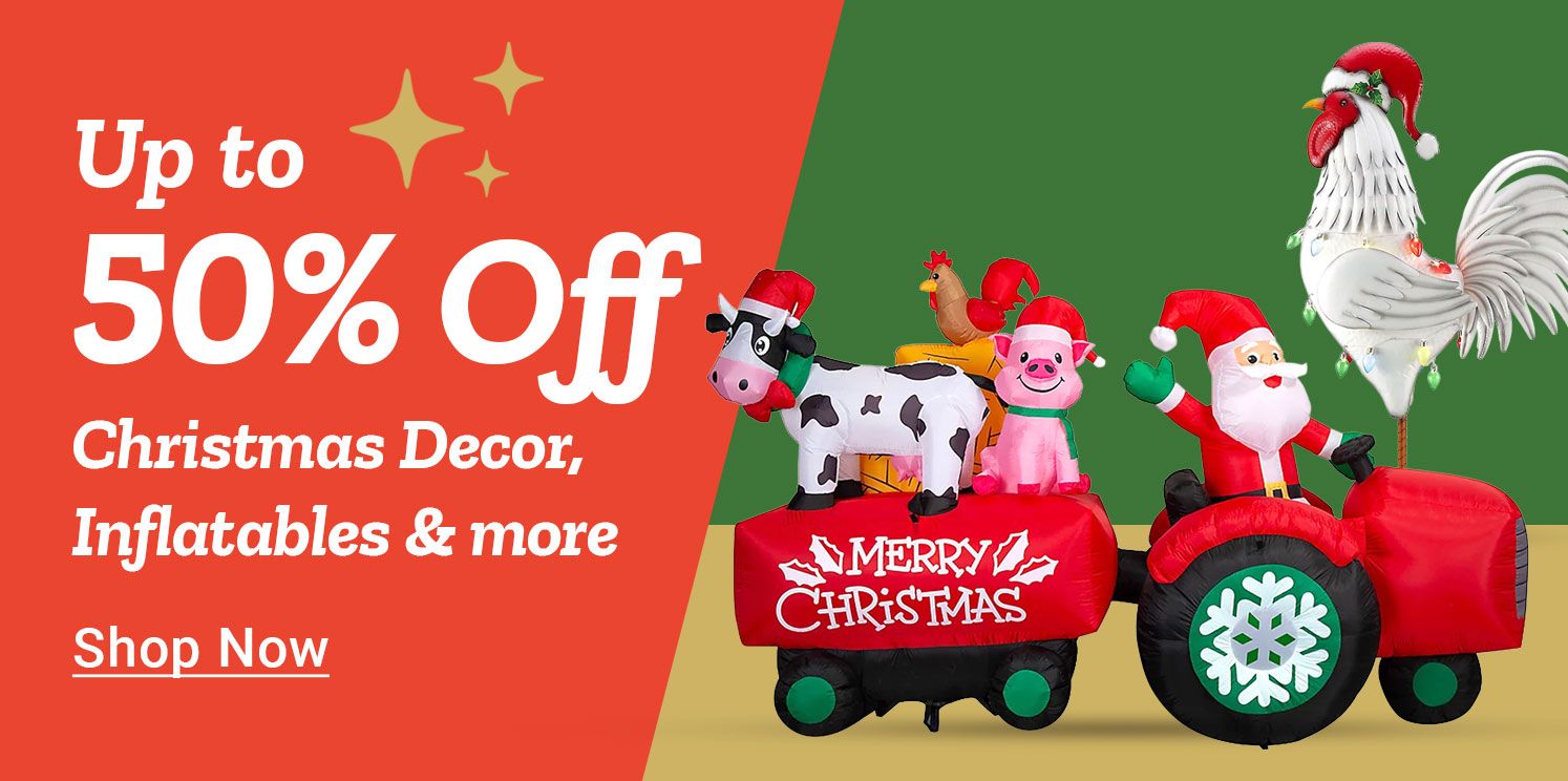 Tractor Supply Company promotion. Save up to 50 percent on Christmas decor, inflatables, and more. Image shows festive Christmas train with Santa, pig, cow, and rooster decorations on a red background. Shop Now button displayed.