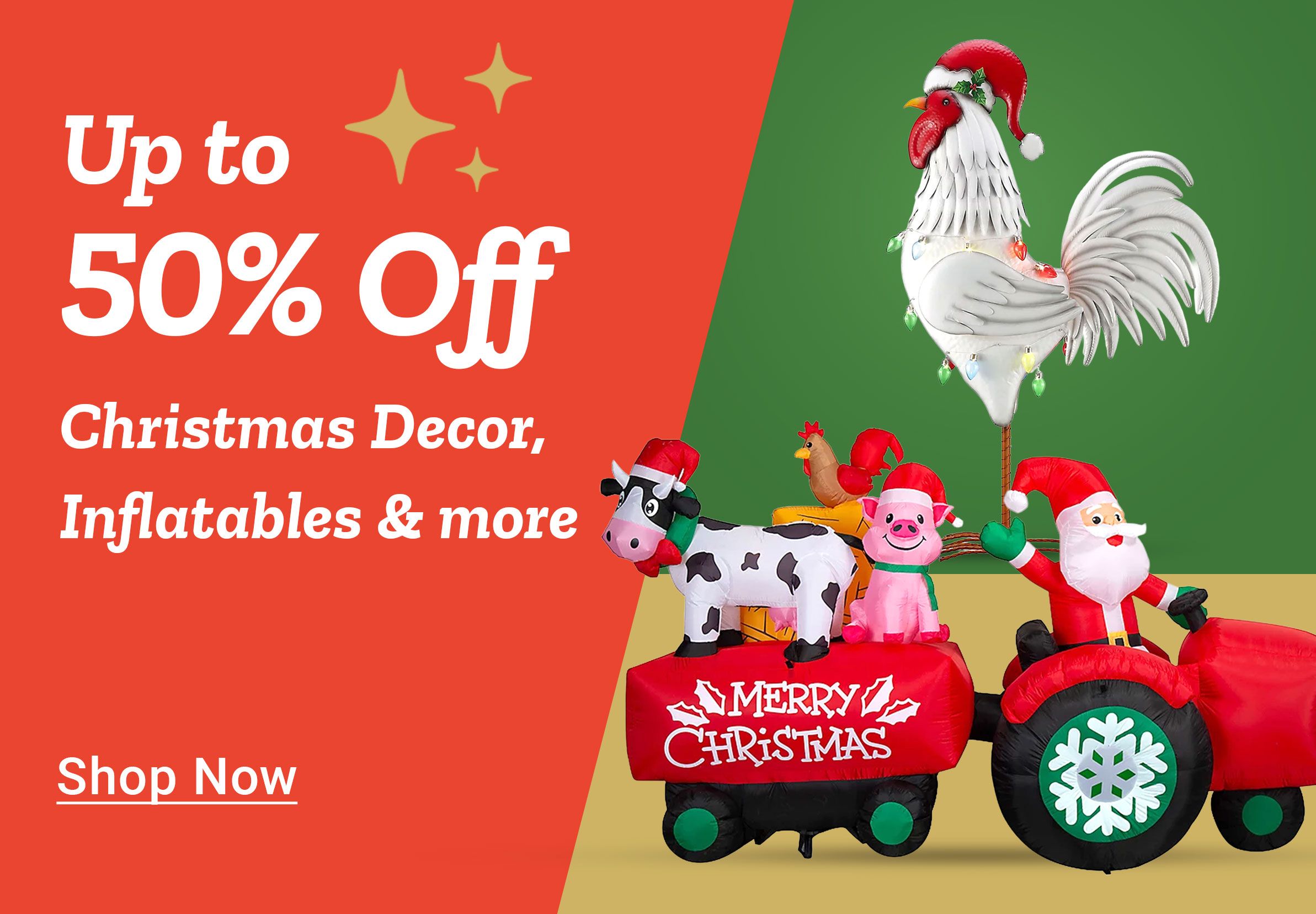 Tractor Supply Company promotion. Save up to 50 percent on Christmas decor, inflatables, and more. Image shows festive Christmas train with Santa, pig, cow, and rooster decorations on a red background. Shop Now button displayed.