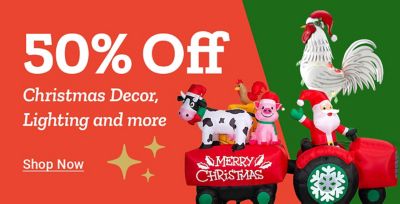 Tractor Supply Company promotion. Order select items to deliver by Christmas. Free standard delivery on orders over 49 dollars. Image shows Tractor Supply shipping boxes with a holiday wreath. Shop Now button displayed. Exclusions may apply.