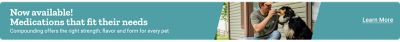 Now available—custom pet medications with compounding for strength, flavor, and form. Man giving dog medicine on porch.