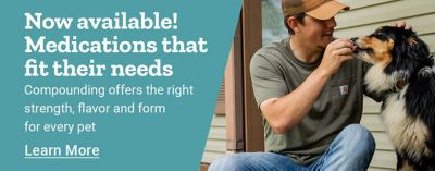 Now available—custom pet medications with compounding for strength, flavor, and form. Man giving dog medicine on porch.