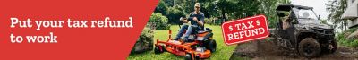 Promotional banner with a red background across the top. Large white text reads: Put your tax refund to work. Below the text are two images: on the left, a person driving a zero turn lawn mower in a grassy outdoor setting; on the right, a person driving a muddy utility terrain vehicle through rough terrain. A red stamp-style graphic between the images reads: TAX REFUND.