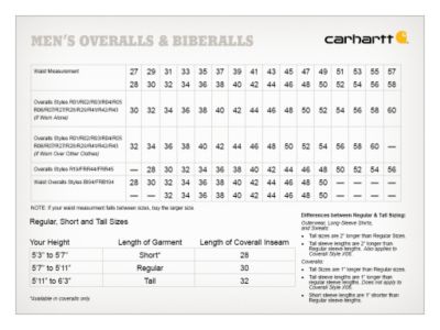 Carhartt coverall shop size chart