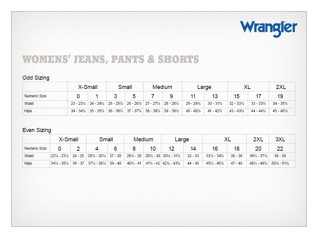 Wrangler Women's Jeans Size Chart